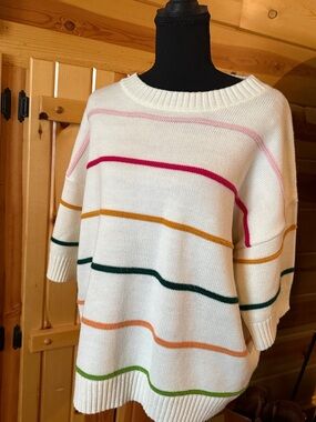 BiBi Cream Crewneck Sweater with Multicolor Stripe Accents